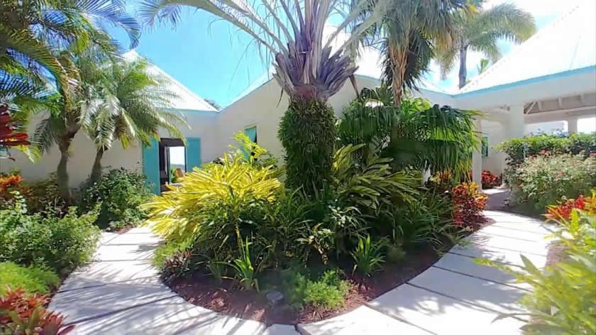 Tropical garden landscape with lush greenery and palm trees in Evillis, featuring a well-maintained walkway and vibrant plants. Ideal for luxury coastal living with scenic outdoor spaces.