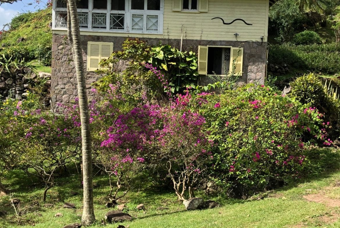 Charming hillside home with lush tropical landscaping and vibrant pink bougainvillea, showcasing a cozy residence with ocean views, perfect for buyers seeking a serene and scenic island retreat.