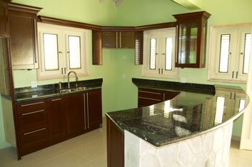 Modern kitchen with dark wood cabinetry, granite countertops, and multiple windows providing natural light, showcasing high-quality finishes and spacious design.
