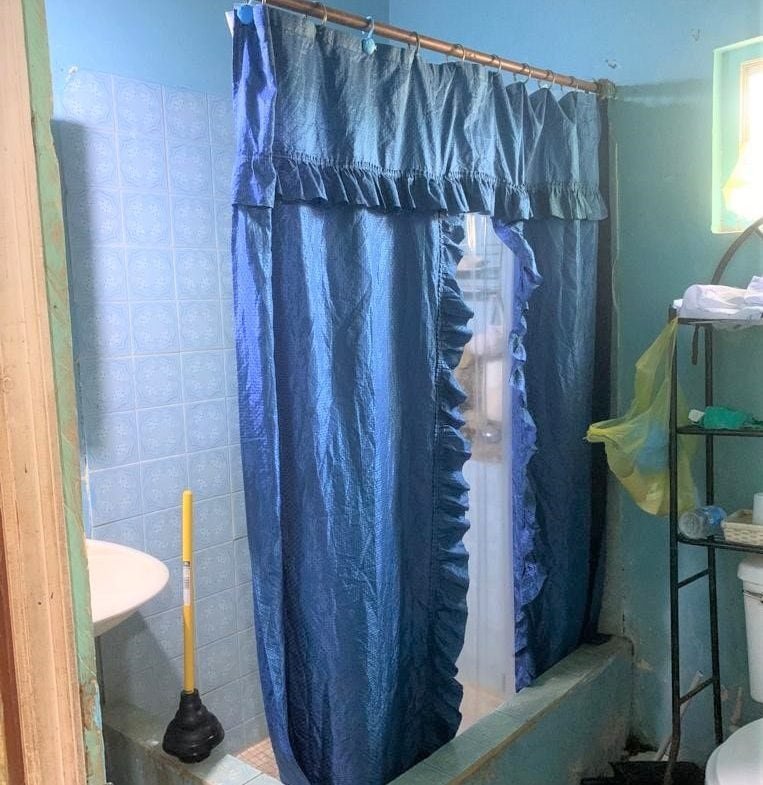 Blue shower curtain in small bathroom with blue tile walls and green walls, compact shower area, basic bathroom setup, residential real estate description, 17 Degrees North Realtors.
