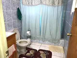 17 Degrees North Realtors bathroom with shower curtain, toilet, and bathroom accessories.