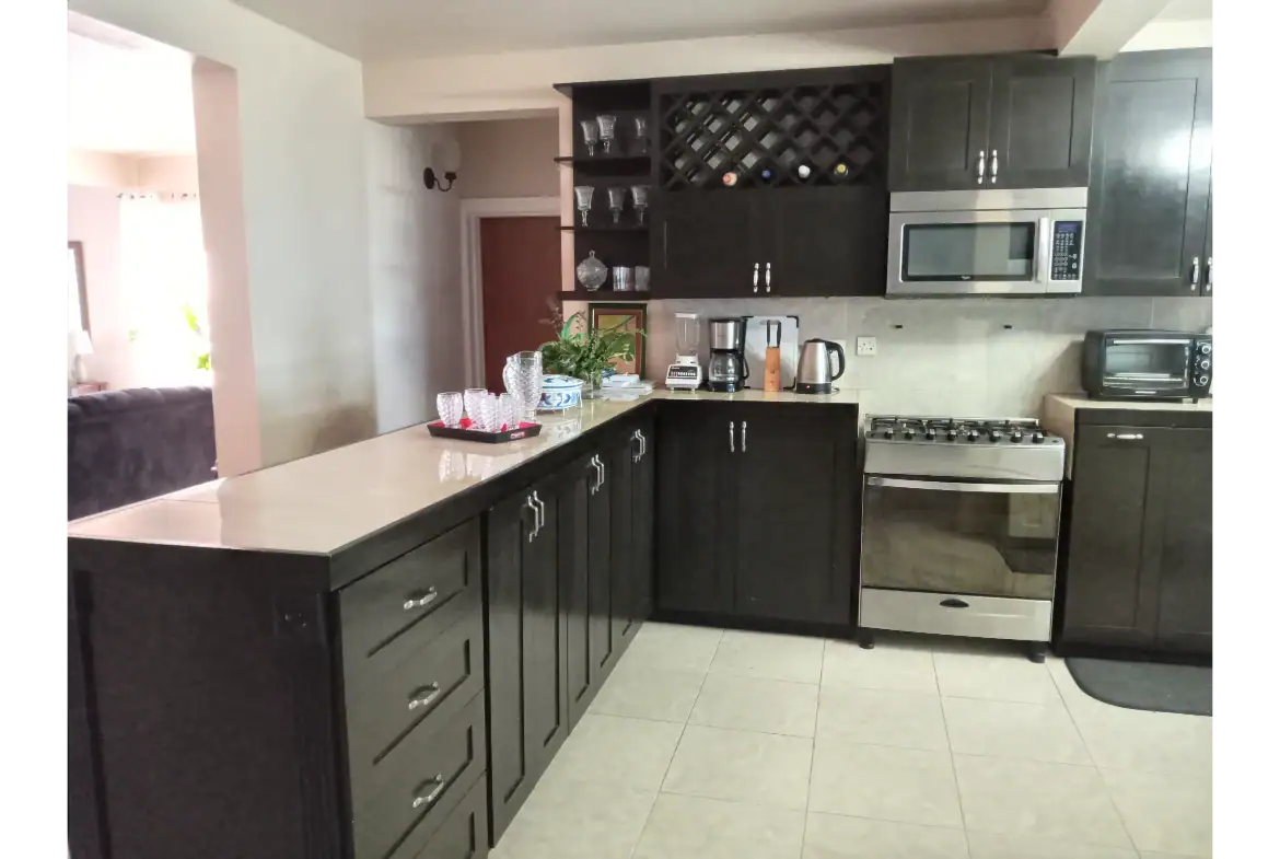 Modern kitchen with dark cabinetry and stainless steel appliances, including microwave, oven, and toaster, in a home listed by 17 Degrees North Realtors.