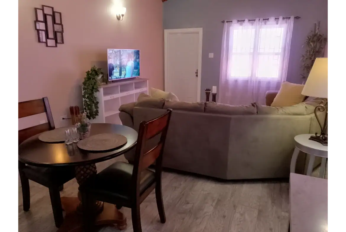 Bright living room with comfortable sofa, dining area, and window with sheer curtains, perfect for relaxing or entertaining in Evis, offering cozy home interior.